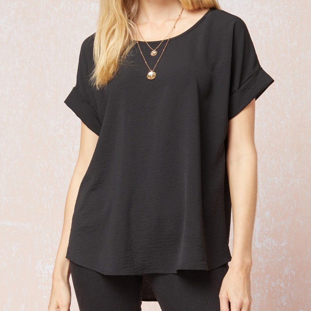 Scooped Neck Black Blouse with Rolled Sleeves by Entro Size Small